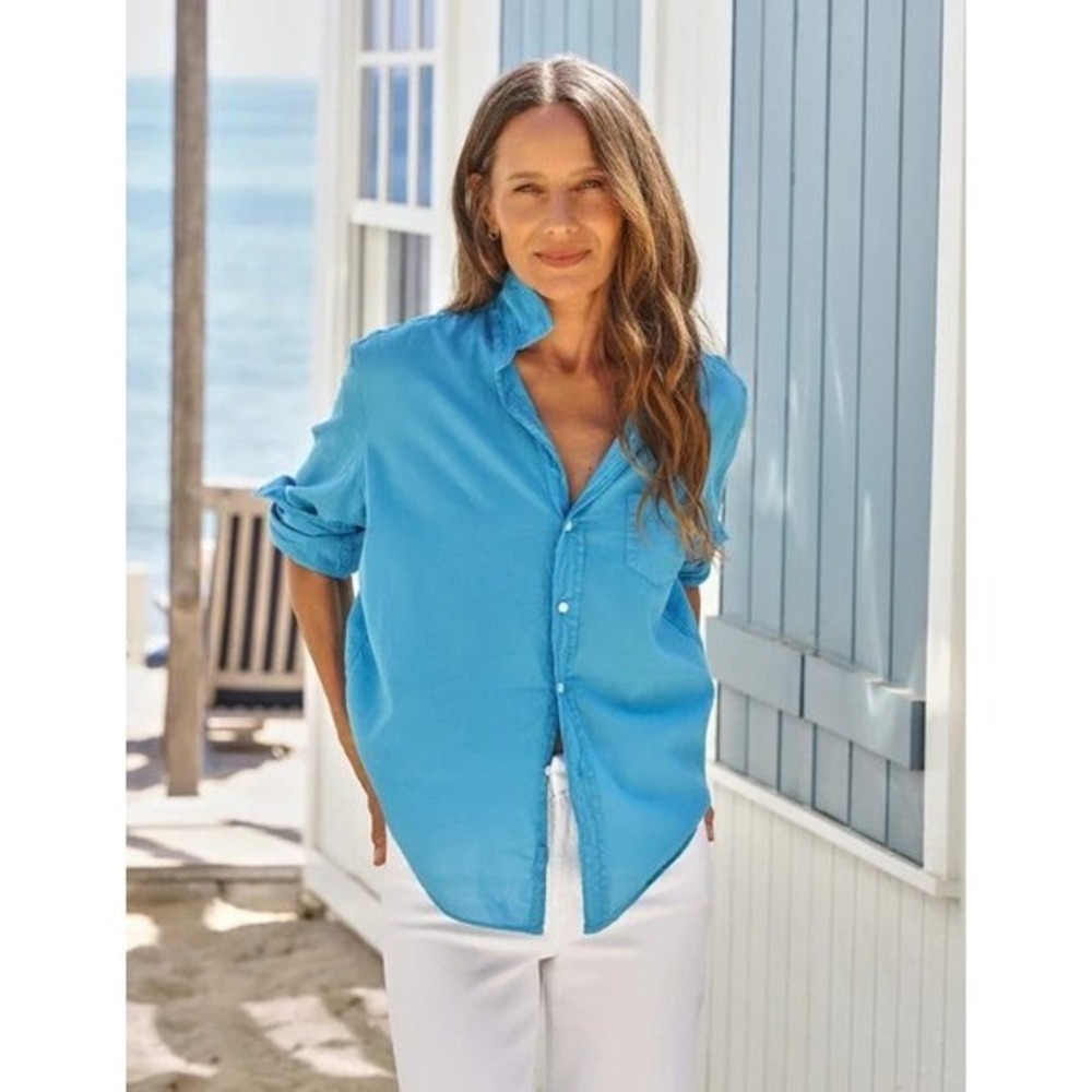 Frank & Eileen Eileen Turquoise Organic Voile Cotton Relax Button-Up Shirt Large